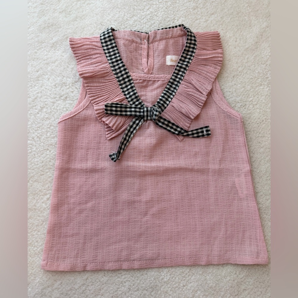 BNWOT Bear Leader Pink Plush Sleeveless Blouse with Black Checkered Trim Bow